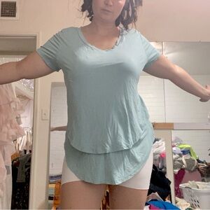Unique Tiered Stretchy T Shirt Baby Blue Pastel Blouse V Neck XL or 1X - flawed